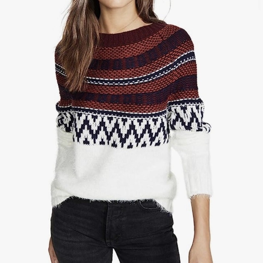 BB Dakota Red and Blue Crew Neck Sweater Fair Isle Pattern